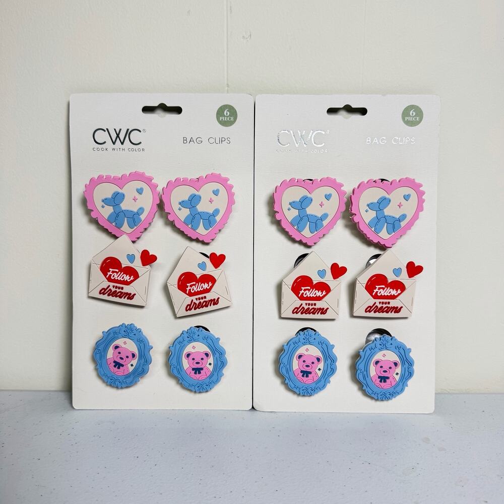 CWC Cook With Color 12 Piece Bag Clips Hearts Envelope Bear Set